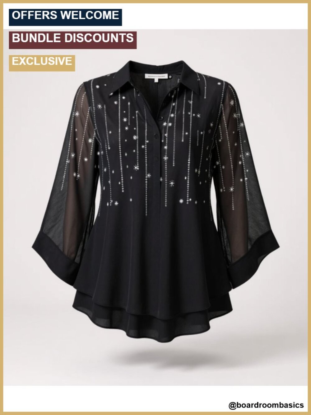 Double Layers Mesh Ruffle 3/4 Bell Sleeve Tunic Blouse Dressy Top